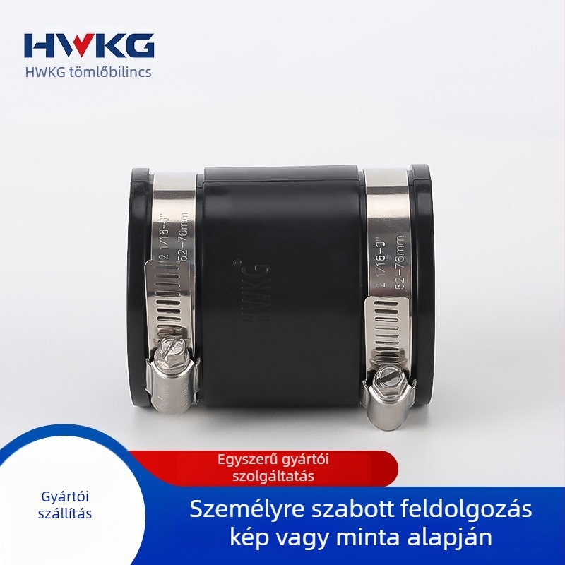 Gumiból készült puha csőkapocs változó átmérőhöz — csőcsatlakozó redukáló, gumírozott puha kötés, Hwkg/Hengwei clamp márka. Nominális átmérő: 1.5–2 in és nagyobb; Rögzítő átmérő: 1.5–2 in és nagyobb; Alkalmazási tartomány: 1.5–2 in és nagyobb