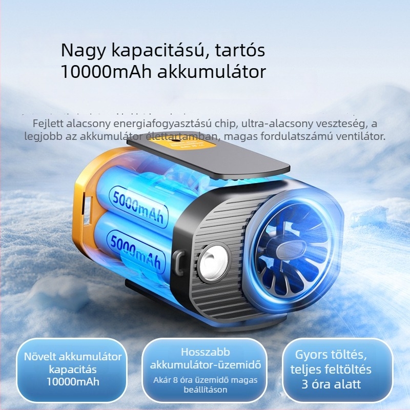 Derék- és nyakhoz rögzíthető ventilátor beépített 6000mAh-s akkumulátorral, üzemidő 8–12 óra, USB töltés, 120 sebességfokozat