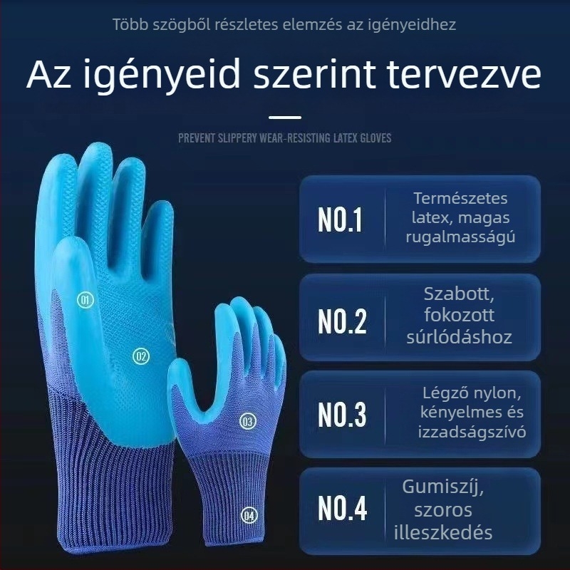 Latex reliefes mintázatú kesztyűk üzem-/gyárhasználatra, csúszásmentes, vágásbiztos
