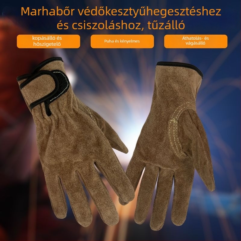 Tehénbőrből készült hegesztőkesztyűk — kopásállóak, hő- és lángállóak, átszúrás elleni védelemmel, kültéri használatra
