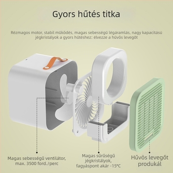 Asztali jégkristályos ventilátor – újratölthető, mini hűtőventilátor, 3 sebesség, beépített 1000–1200 mAh akkumulátor, USB tápegység, zaj 36 dB alatt
