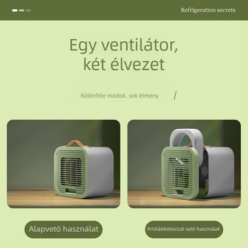 Asztali jégkristályos ventilátor – újratölthető, mini hűtőventilátor, 3 sebesség, beépített 1000–1200 mAh akkumulátor, USB tápegység, zaj 36 dB alatt