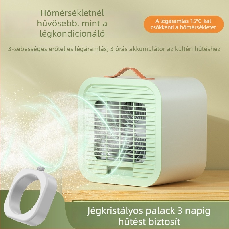 Asztali jégkristályos ventilátor – újratölthető, mini hűtőventilátor, 3 sebesség, beépített 1000–1200 mAh akkumulátor, USB tápegység, zaj 36 dB alatt