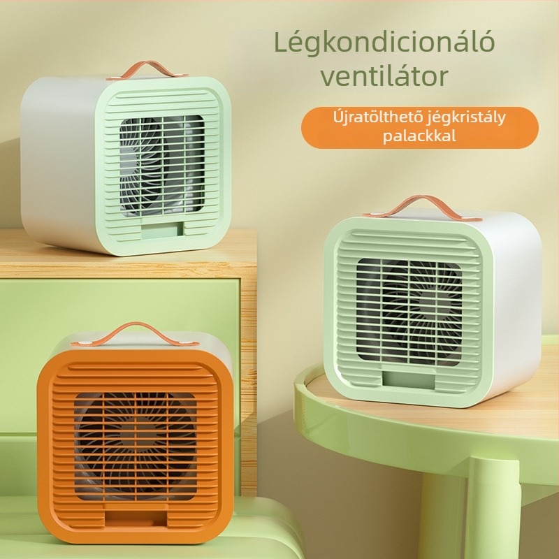 Asztali jégkristályos ventilátor – újratölthető, mini hűtőventilátor, 3 sebesség, beépített 1000–1200 mAh akkumulátor, USB tápegység, zaj 36 dB alatt