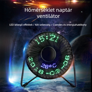 Idő kijelzővel ellátott USB ventilátor, LED villogó szöveg, kompakt asztali ventilátor