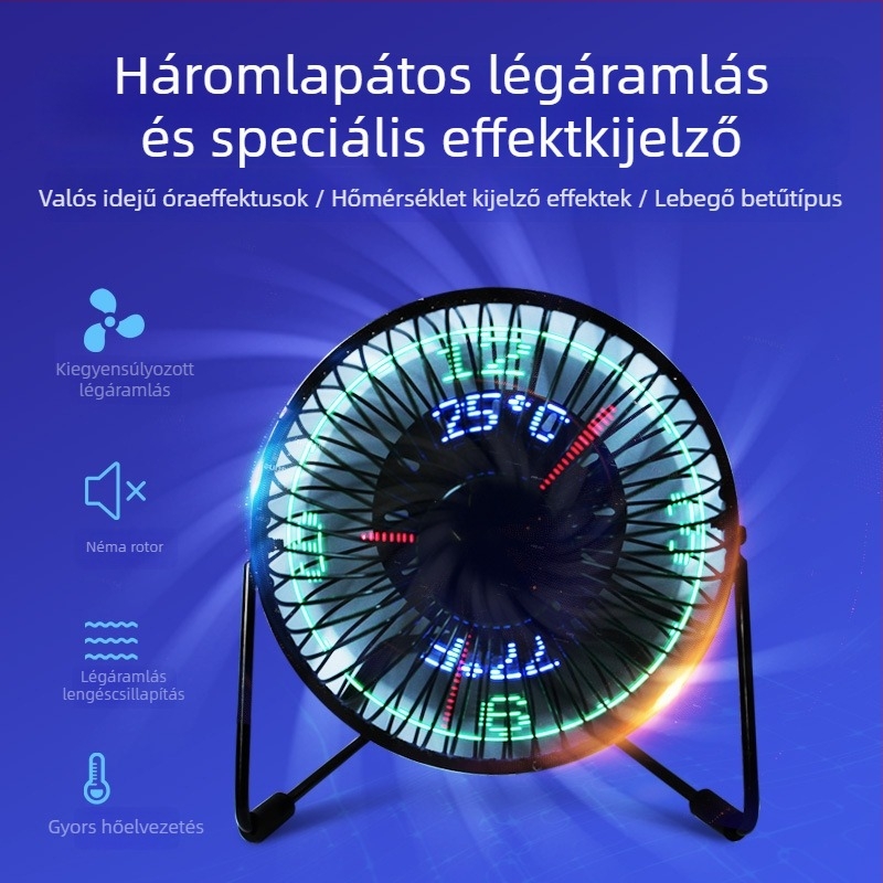 Idő kijelzővel ellátott USB ventilátor, LED villogó szöveg, kompakt asztali ventilátor