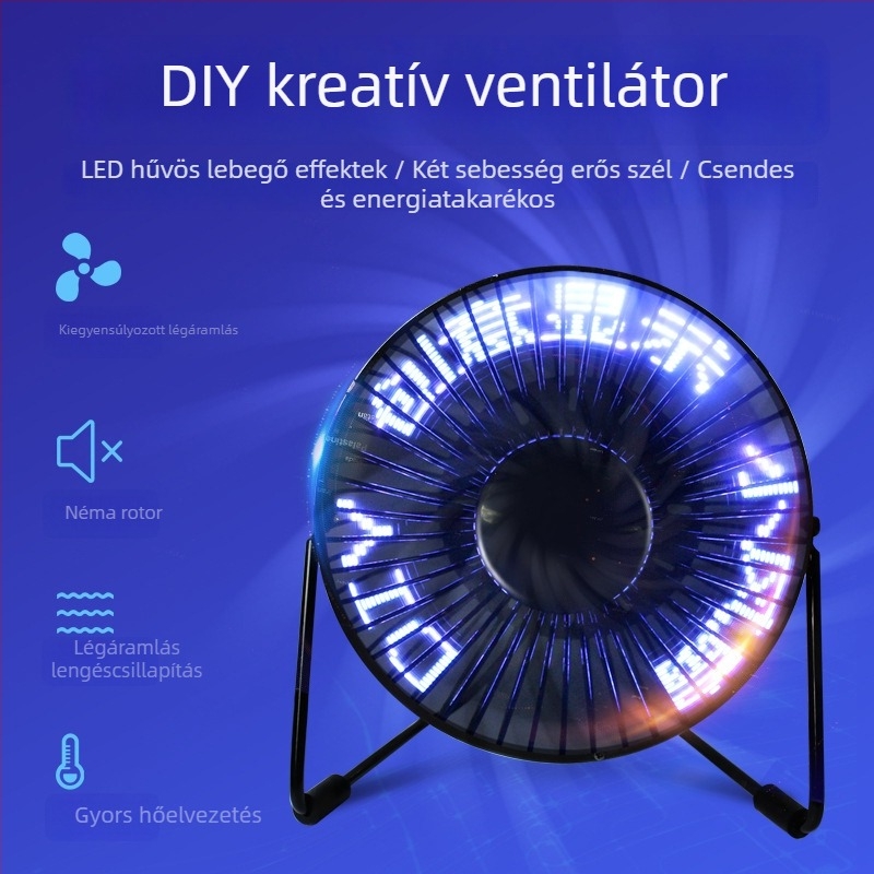 Idő kijelzővel ellátott USB ventilátor, LED villogó szöveg, kompakt asztali ventilátor