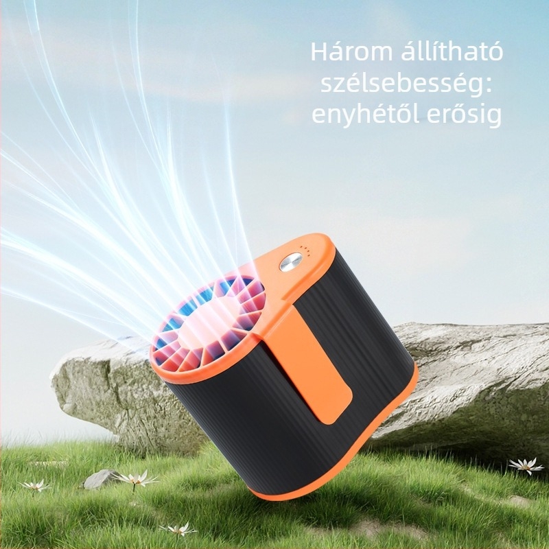 Csípőre szerelhető USB-s újratölthető mini ventilátor műanyag lapátokkal — 3 sebesség, üzemidő 3–6 óra, beépített akkumulátor 1000–1200 mAh, kefés motor