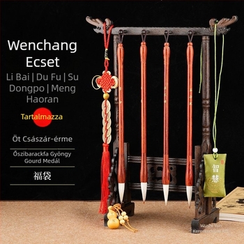 Négy darabos kalligráfia ecsetkészlet tolltartóval, uniszex diák-stílus, Li Bai és Du Fu költemények gravírozva, íróasztali dekoráció