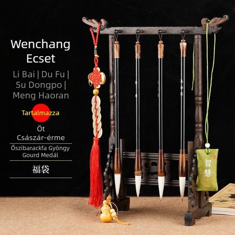 Négy darabos kalligráfia ecsetkészlet tolltartóval, uniszex diák-stílus, Li Bai és Du Fu költemények gravírozva, íróasztali dekoráció