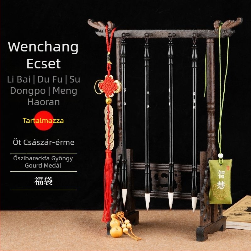 Négy darabos kalligráfia ecsetkészlet tolltartóval, uniszex diák-stílus, Li Bai és Du Fu költemények gravírozva, íróasztali dekoráció