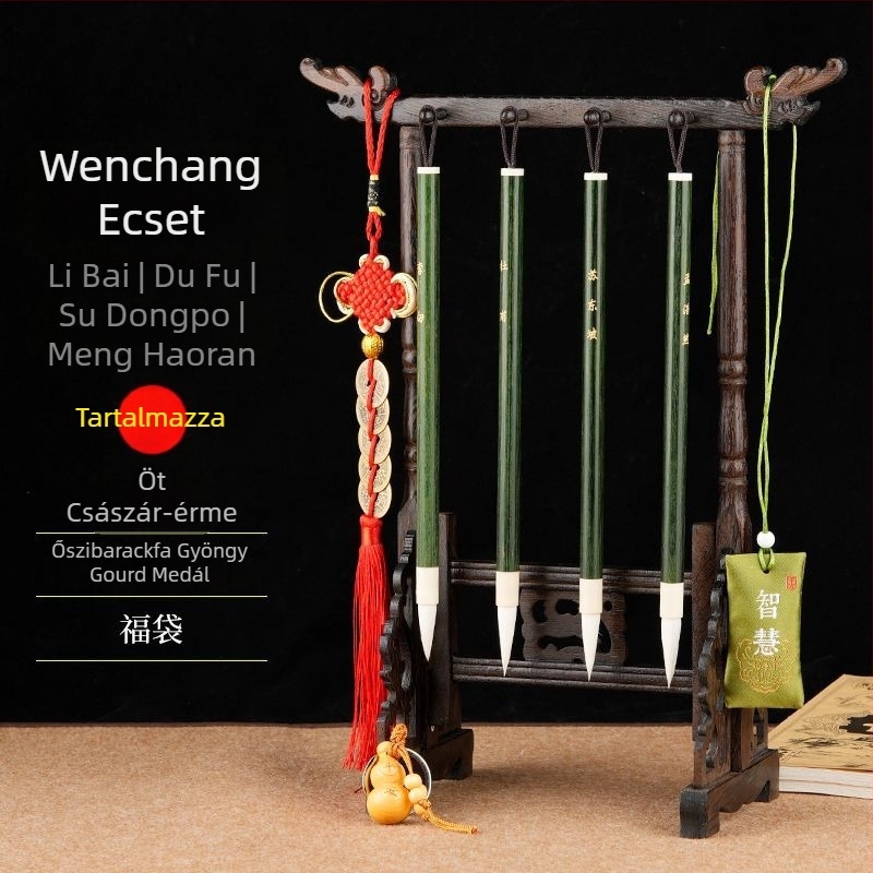 Négy darabos kalligráfia ecsetkészlet tolltartóval, uniszex diák-stílus, Li Bai és Du Fu költemények gravírozva, íróasztali dekoráció