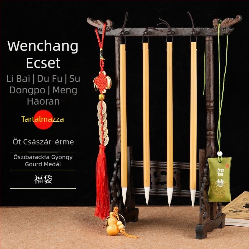 Négy darabos kalligráfia ecsetkészlet tolltartóval, uniszex diák-stílus, Li Bai és Du Fu költemények gravírozva, íróasztali dekoráció