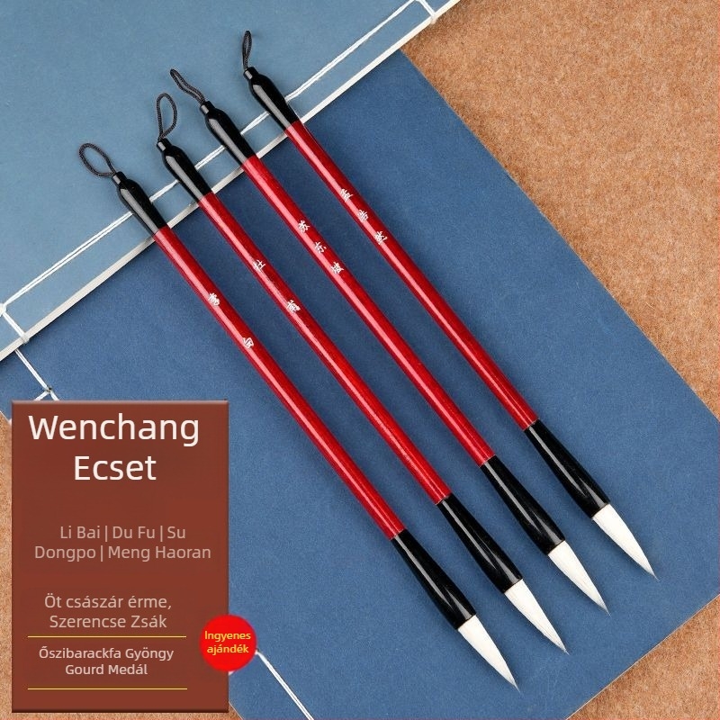 Négy darabos kalligráfia ecsetkészlet tolltartóval, uniszex diák-stílus, Li Bai és Du Fu költemények gravírozva, íróasztali dekoráció