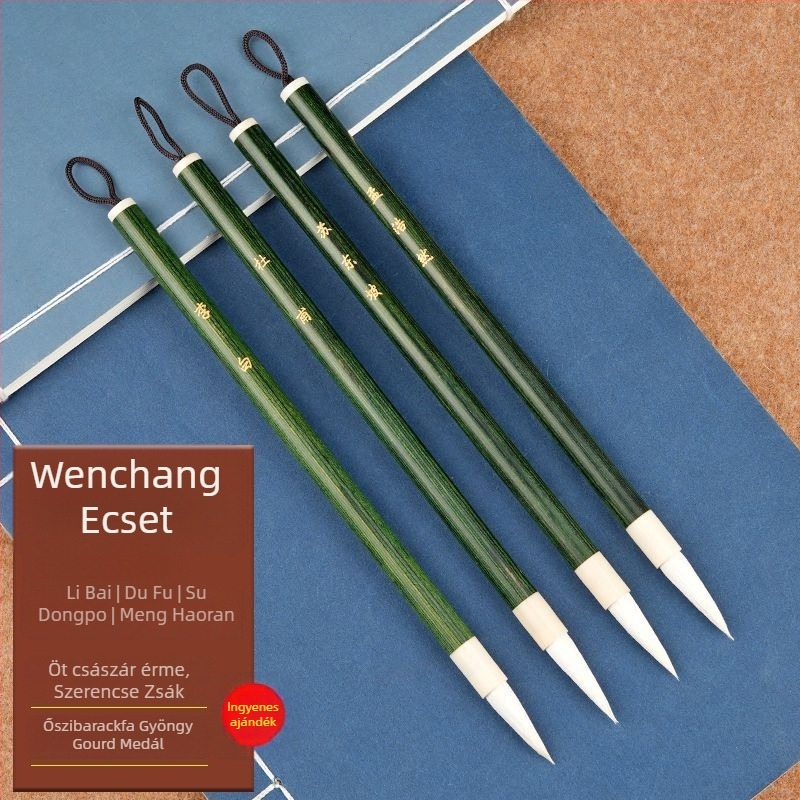 Négy darabos kalligráfia ecsetkészlet tolltartóval, uniszex diák-stílus, Li Bai és Du Fu költemények gravírozva, íróasztali dekoráció