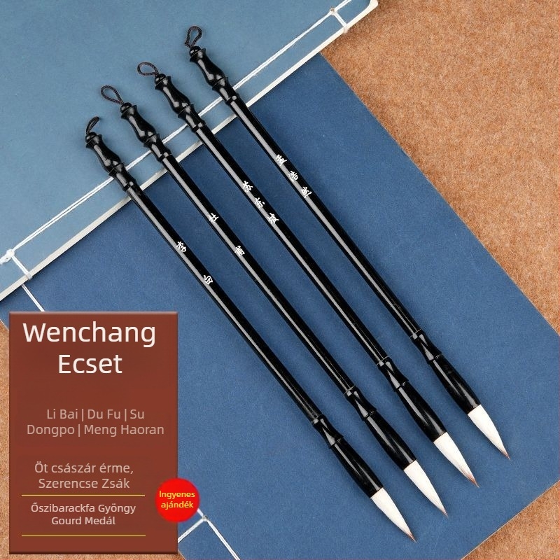 Négy darabos kalligráfia ecsetkészlet tolltartóval, uniszex diák-stílus, Li Bai és Du Fu költemények gravírozva, íróasztali dekoráció