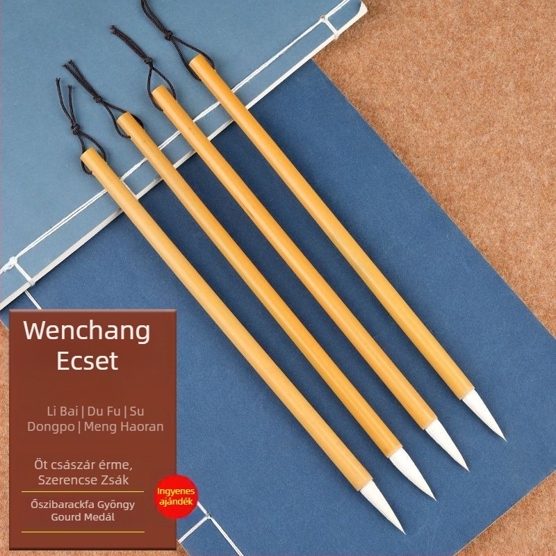 Négy darabos kalligráfia ecsetkészlet tolltartóval, uniszex diák-stílus, Li Bai és Du Fu költemények gravírozva, íróasztali dekoráció