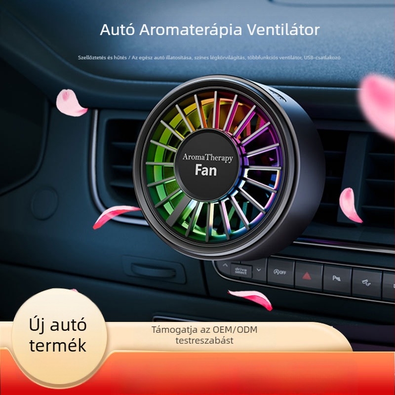 Autós USB aromaterápiás ventilátor a légkivezetőhöz, 5 lapáttal, brushless motor, digitális kijelző, összecsukható