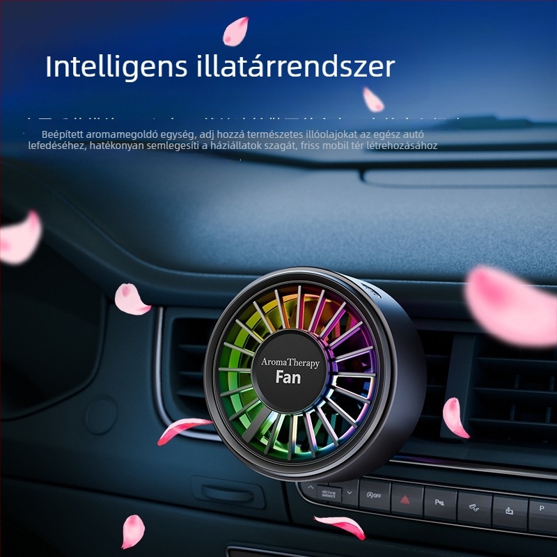 Autós USB aromaterápiás ventilátor a légkivezetőhöz, 5 lapáttal, brushless motor, digitális kijelző, összecsukható