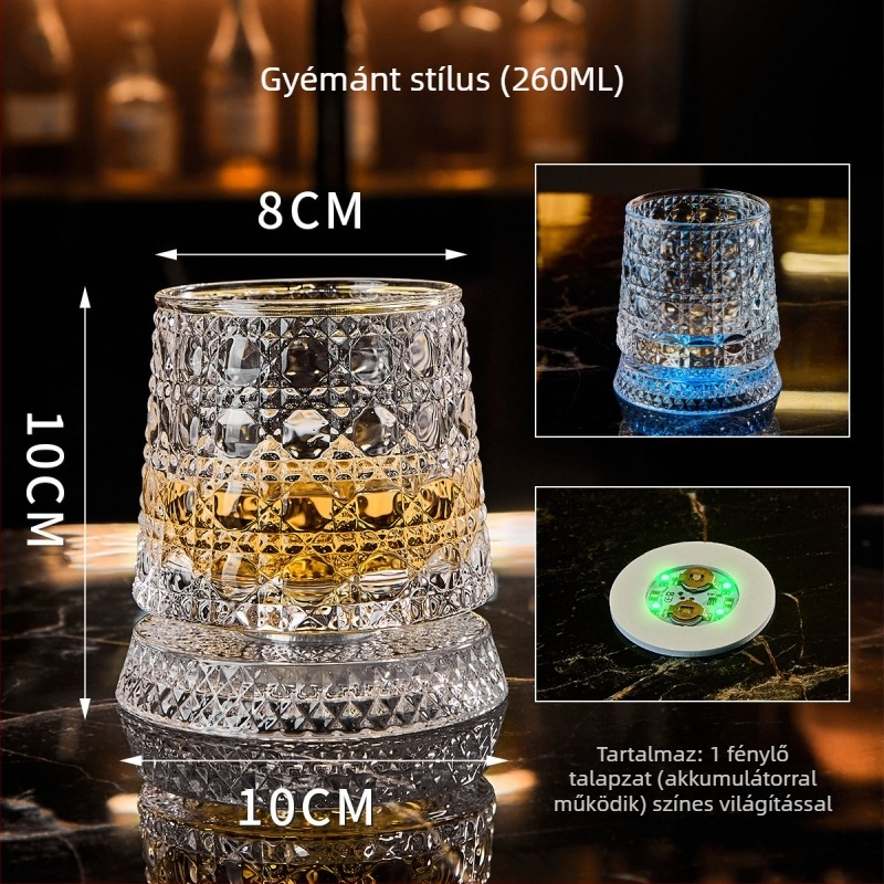Forgó whiskys pohár állvánnyal, üveg, 201–300 ml kapacitás, világító alátét