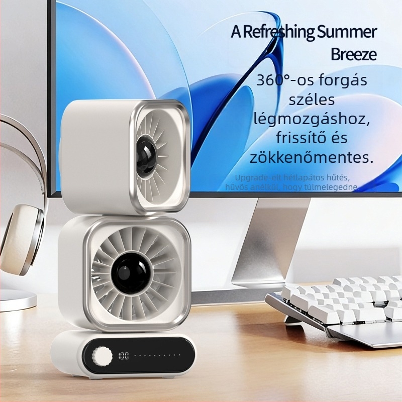 Beépített akkumulátorral rendelkező asztali ventilátor, digitális kijelző, USB-töltés, 5 sebesség, csendes működés, pengétlen kialakítás