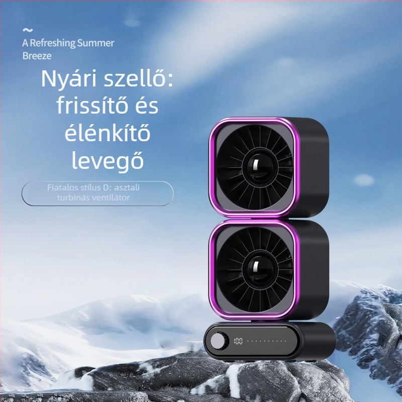 Beépített akkumulátorral rendelkező asztali ventilátor, digitális kijelző, USB-töltés, 5 sebesség, csendes működés, pengétlen kialakítás