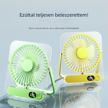Beépített akkumulátoros mini asztali ventilátor, ultra vékony átlátszó kivitel, USB tápegység, 5‑lapátos, 5 sebesség, halk működés kollégiumokban és irodákban