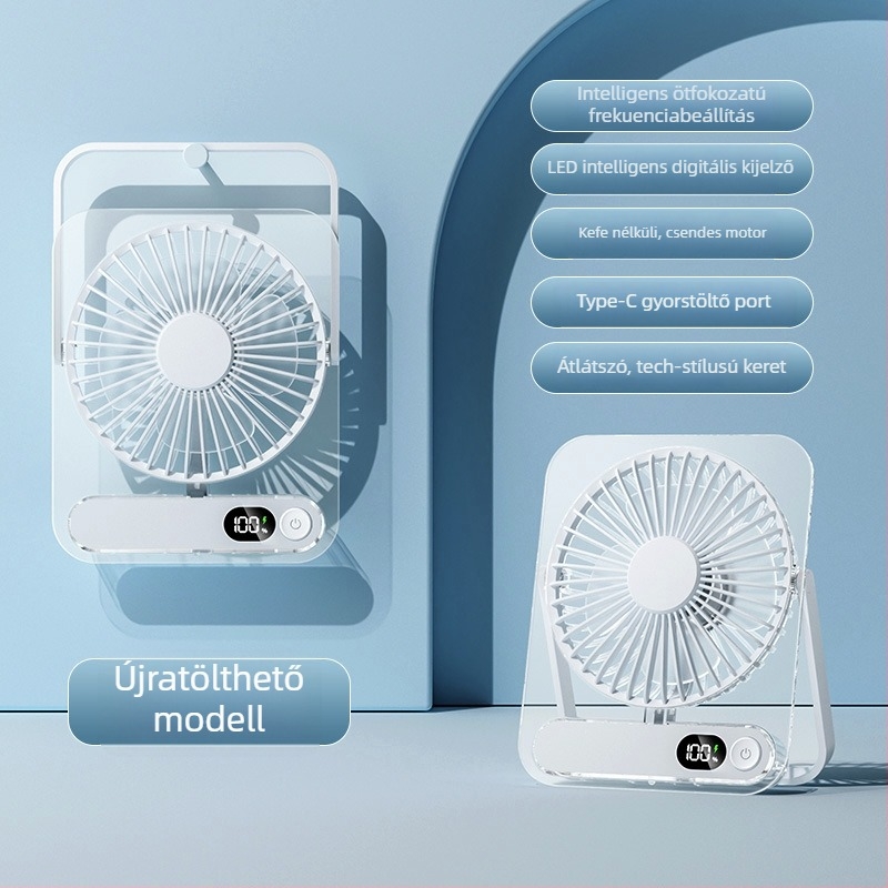 Beépített akkumulátoros mini asztali ventilátor, ultra vékony átlátszó kivitel, USB tápegység, 5‑lapátos, 5 sebesség, halk működés kollégiumokban és irodákban