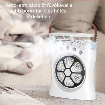 Asztali ventilátor permetező párásítással, cserélhető akkumulátorral, 3 sebesség, brushless motor