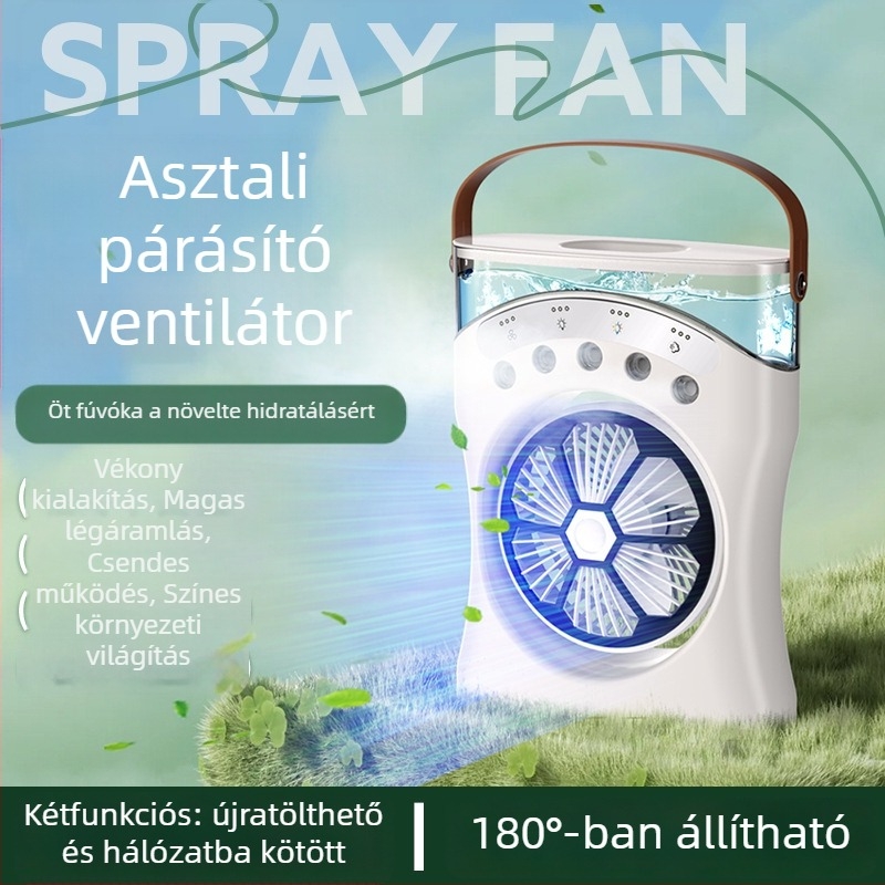 Asztali ventilátor permetező párásítással, cserélhető akkumulátorral, 3 sebesség, brushless motor