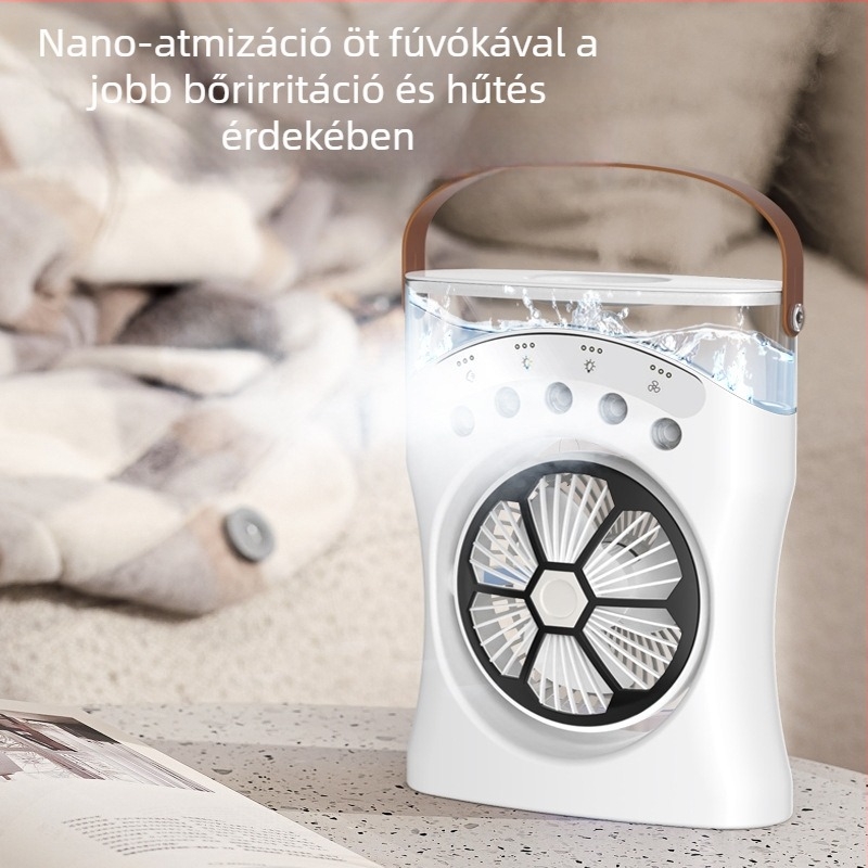 Asztali ventilátor permetező párásítással, cserélhető akkumulátorral, 3 sebesség, brushless motor