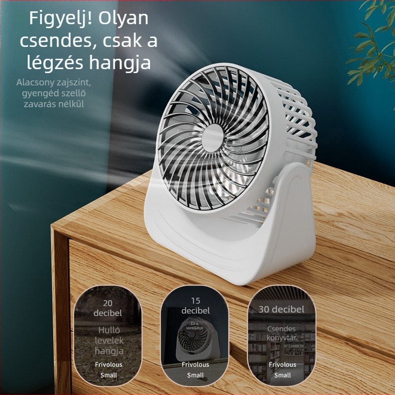 Tölthető USB-s mini assztali ventilátor, 3 lapáttal, beépített akkumulátorral, hordozható kollégiumi szobába és otthonra