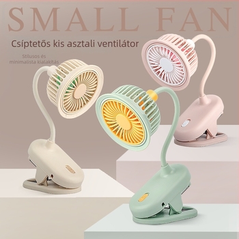 USB‑töltőklipszes asztali ventilátor beépített akkumulátorral, 5 lapáttal, kefés motor, egy sebességfokozat