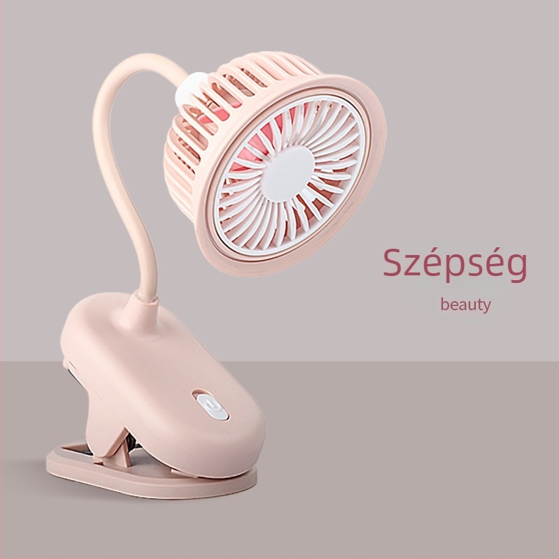 USB‑töltőklipszes asztali ventilátor beépített akkumulátorral, 5 lapáttal, kefés motor, egy sebességfokozat