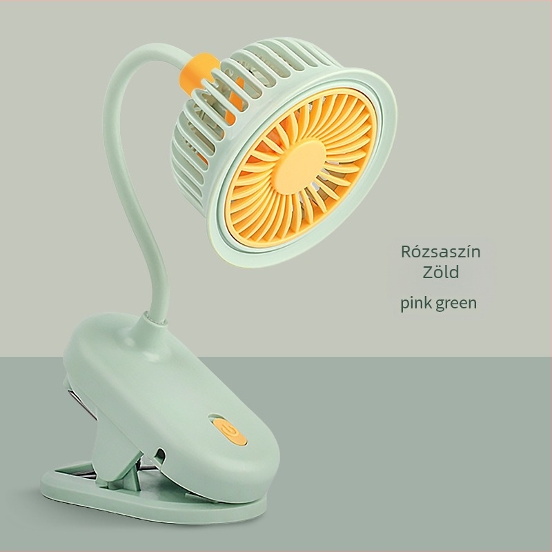USB‑töltőklipszes asztali ventilátor beépített akkumulátorral, 5 lapáttal, kefés motor, egy sebességfokozat