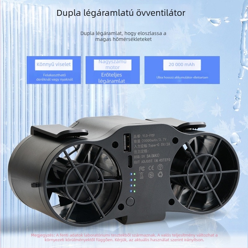 Csípőre szerelhető USB-s ventilátor, beépített 6000mAh-s akkumulátor, 5 lapát, 4 sebesség, hordozható kültéri hűtés