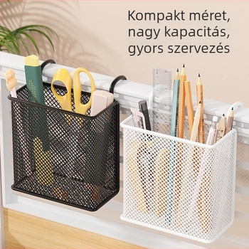 Fém asztali függő kosár tolltartóval, kerek alakú, nyomtatott logóval