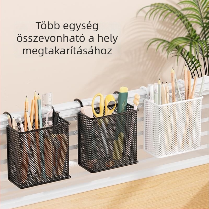 Fém asztali függő kosár tolltartóval, kerek alakú, nyomtatott logóval