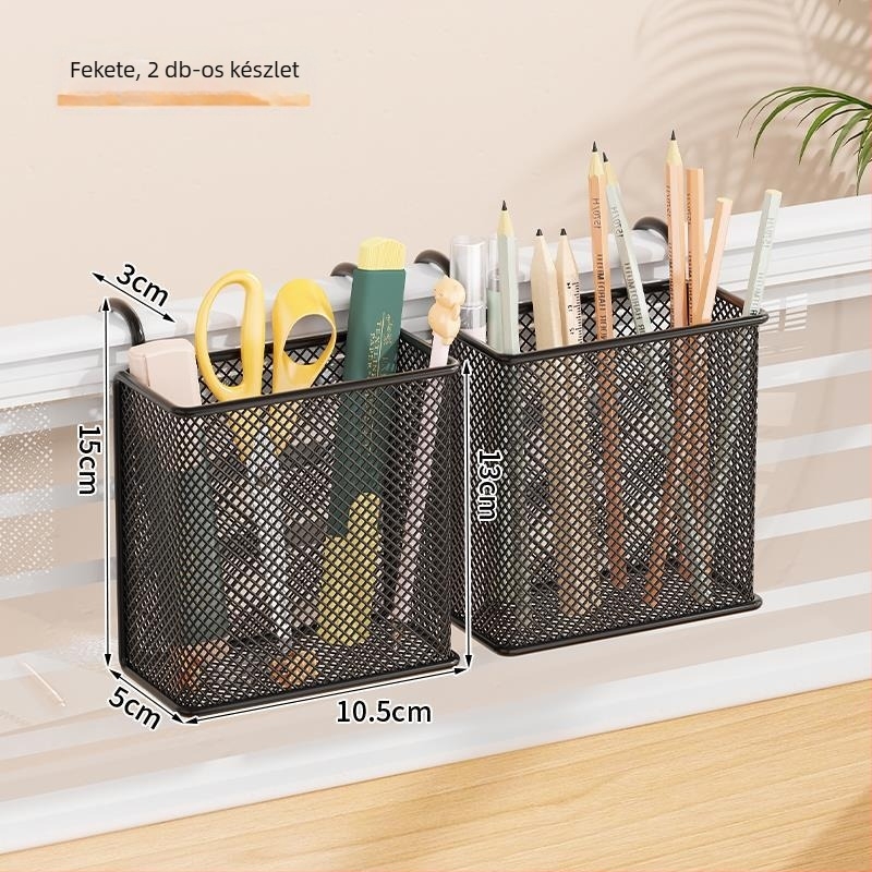 Fém asztali függő kosár tolltartóval, kerek alakú, nyomtatott logóval