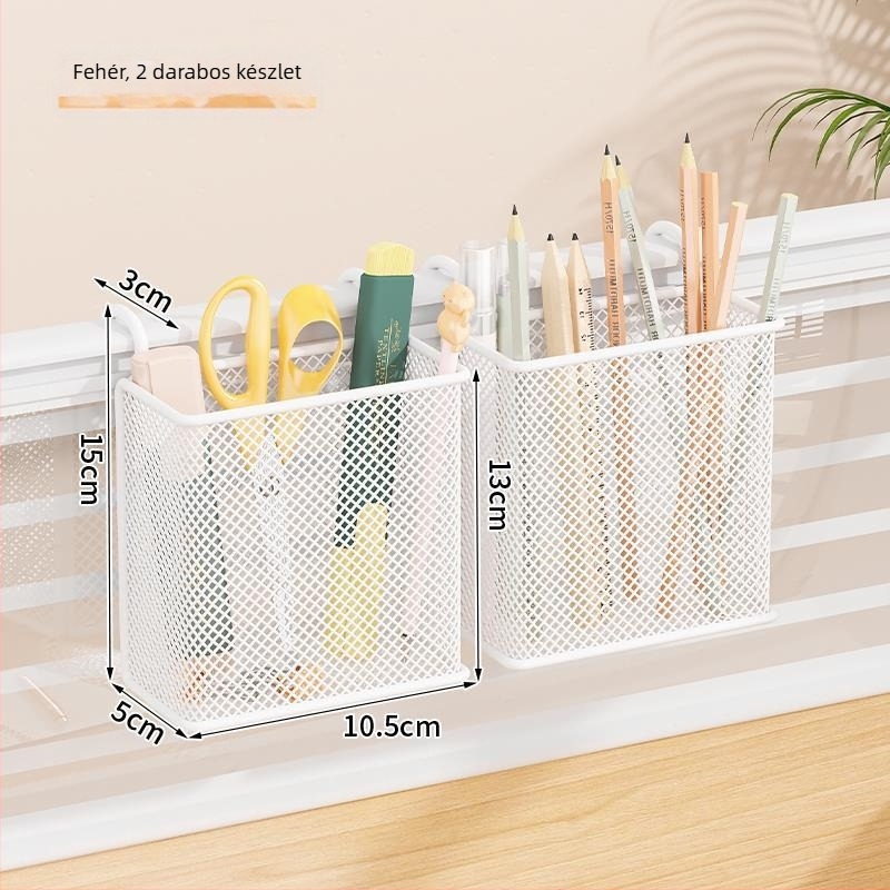 Fém asztali függő kosár tolltartóval, kerek alakú, nyomtatott logóval