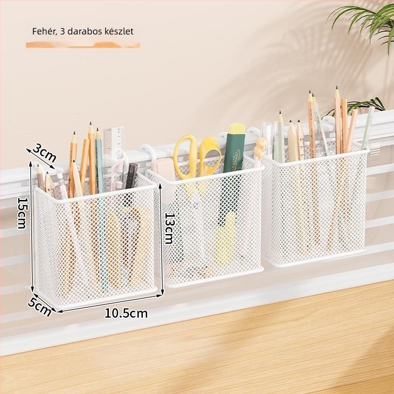 Fém asztali függő kosár tolltartóval, kerek alakú, nyomtatott logóval