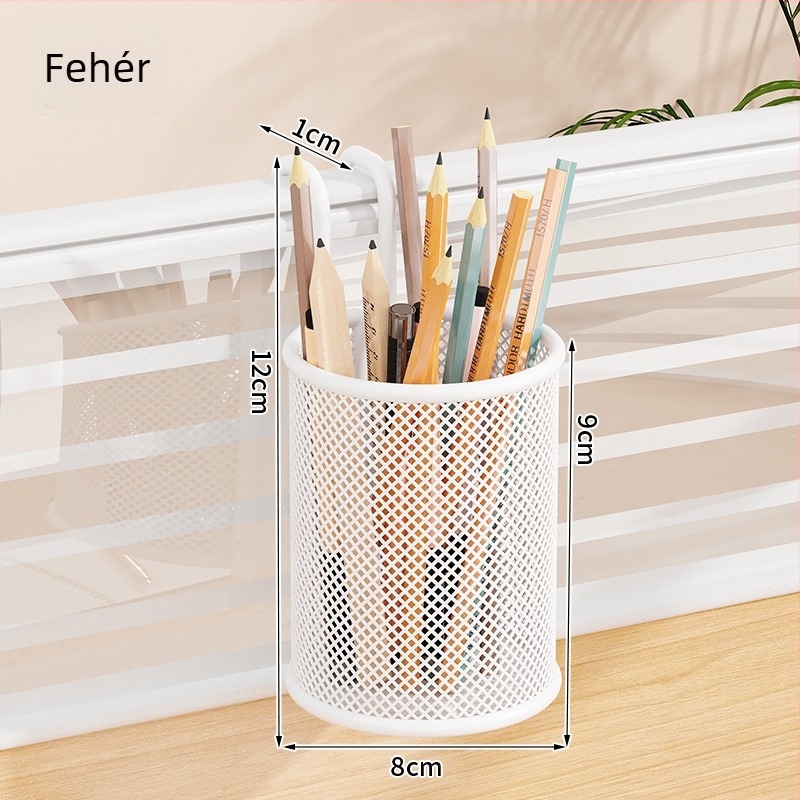 Fém asztali függő kosár tolltartóval, kerek alakú, nyomtatott logóval