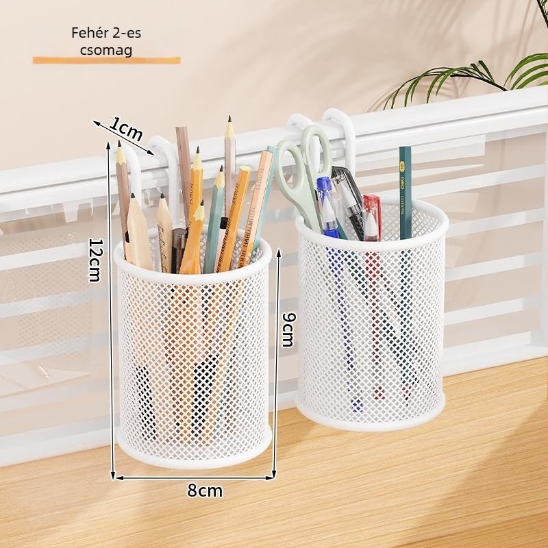 Fém asztali függő kosár tolltartóval, kerek alakú, nyomtatott logóval