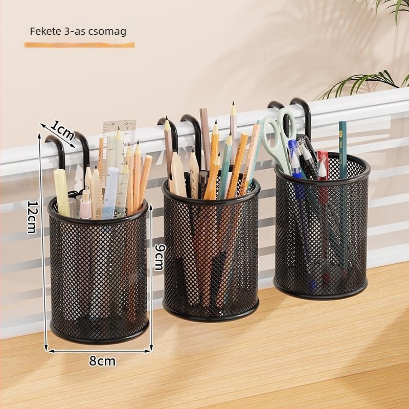 Fém asztali függő kosár tolltartóval, kerek alakú, nyomtatott logóval