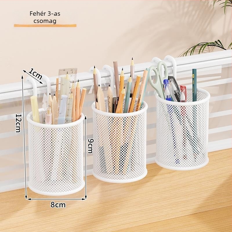 Fém asztali függő kosár tolltartóval, kerek alakú, nyomtatott logóval