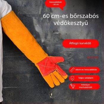 Hosszú tehénbőrből készült hegesztőkesztyű, szikraálló és hőszigetelő védelemmel, általános hegesztési feladatokra