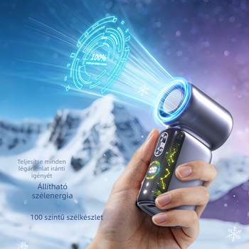 Kézi USB-s ventilátor jégkompressziós hűtéssel, beépített 2000–4000 mAh lítium-akkumulátor, 5 sebességfokozat, brushless motor