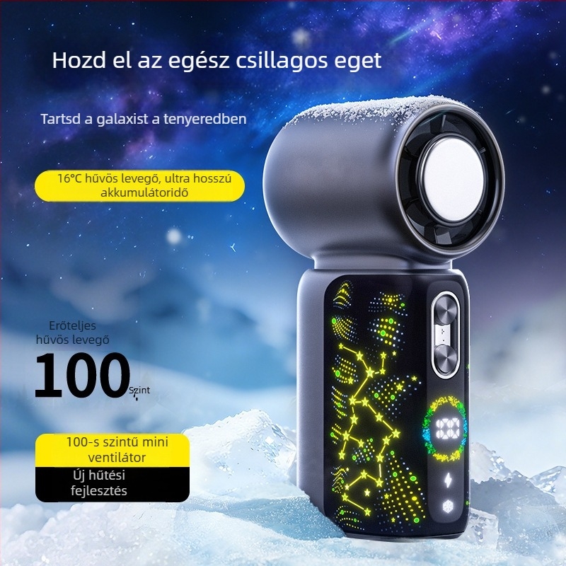 Kézi USB-s ventilátor jégkompressziós hűtéssel, beépített 2000–4000 mAh lítium-akkumulátor, 5 sebességfokozat, brushless motor