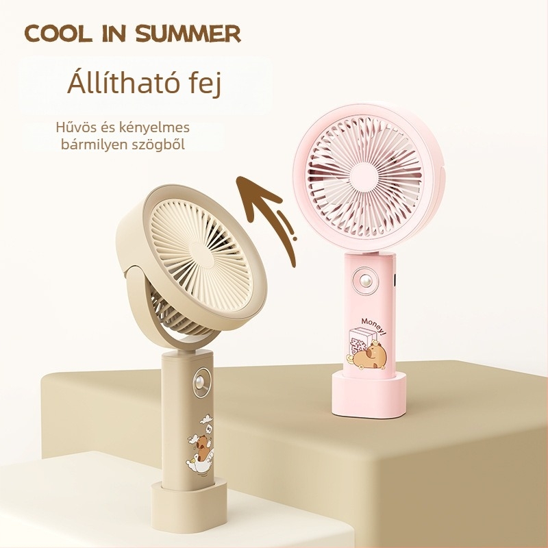 Kapibara mintás kézi ventilátor, beépített 1200-2000 mAh Li-Po akkumulátor, 3 sebesség, 5 lapát, USB töltés