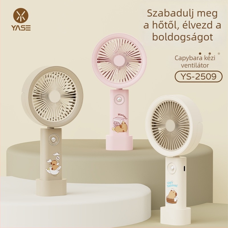Kapibara mintás kézi ventilátor, beépített 1200-2000 mAh Li-Po akkumulátor, 3 sebesség, 5 lapát, USB töltés